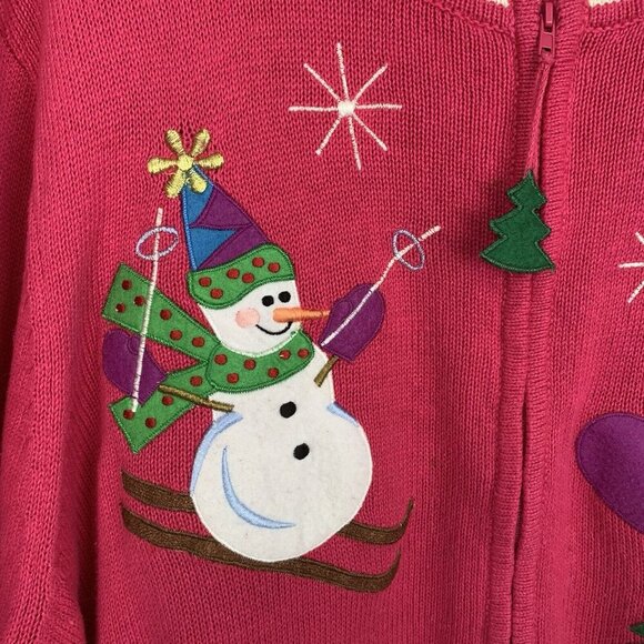 Snowman Christmas Winter Cardigan Womens 2XL Pink Zip Close Appliqué Whimsical - Picture 5 of 14